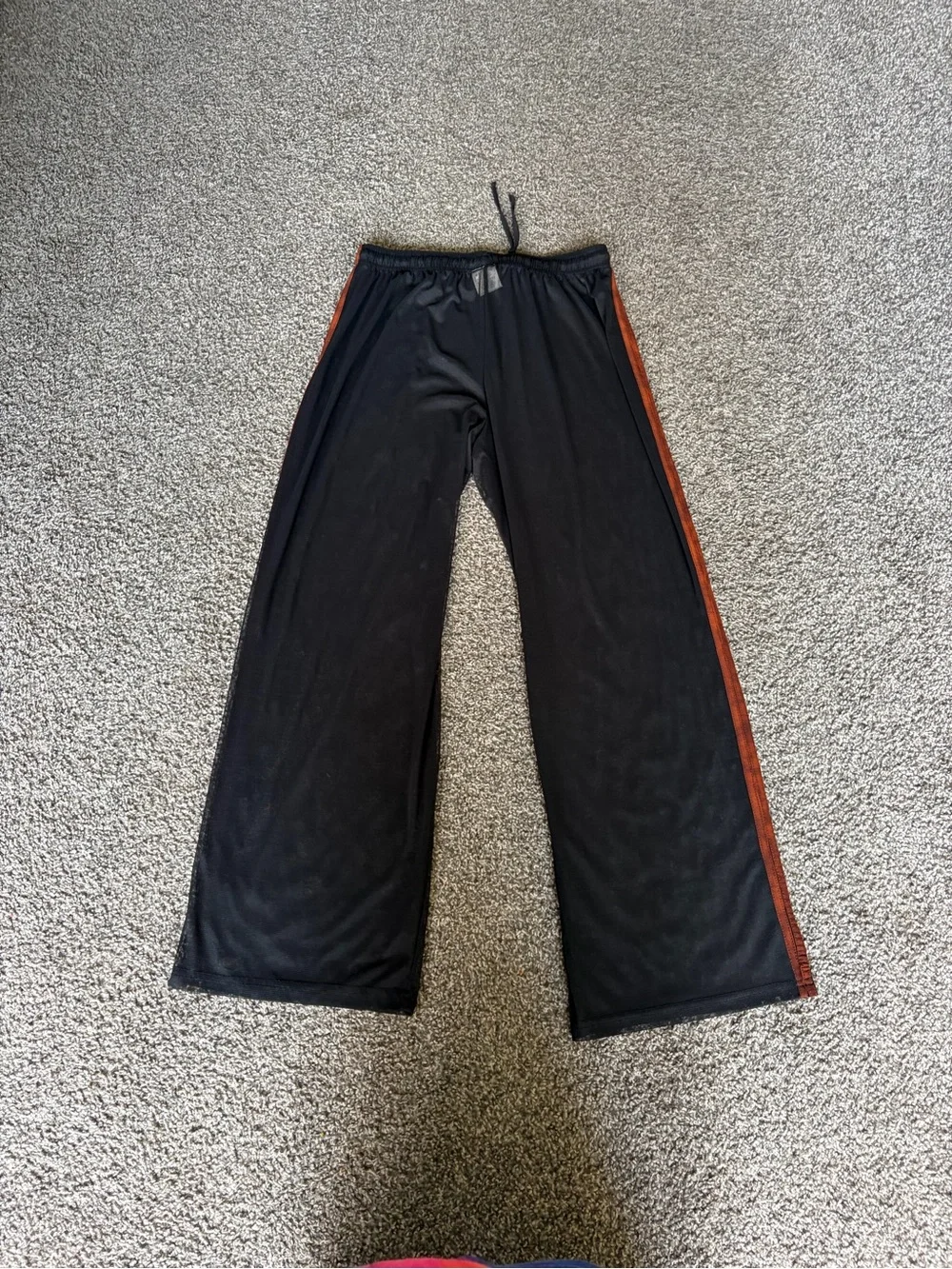 Jag Mesh Black Wide-Leg Track Pants with Rust Side Stripe Made in USA